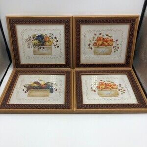Vintage 1999 Set of 4 Framed Art Kitchen Country Fruits Valerie Evers Wenk